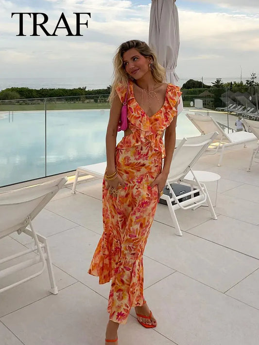 TRAFZA Summer Fashion Women Sexy V-neck Sleeveless Backless Orange Dress Ruffle Print Hollow Out Women's Long Dresses For Beach