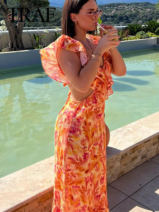 TRAFZA Summer Fashion Women Sexy V-neck Sleeveless Backless Orange Dress Ruffle Print Hollow Out Women's Long Dresses For Beach