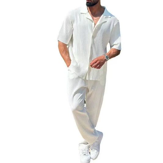 Men's 2025 Sportswear Set Solid Color Fashion Casual Short Sleeve Long Pants Two-Piece Suit Pure Color Leisure Sportswear