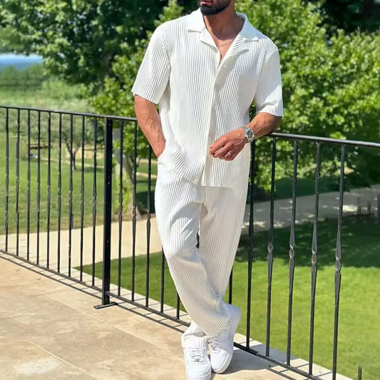 Men's 2025 Sportswear Set Solid Color Fashion Casual Short Sleeve Long Pants Two-Piece Suit Pure Color Leisure Sportswear