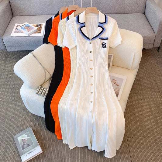 YuooMuoo Women Dress 2025 New Fashion Contrast Color Collars A-line Knitted Maxi Dress Elegant Pockets Lady Robes Droppshipping